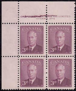 Canada 1949 MNH Sc #286 3c George VI Plate 4 UL Cracked Plate