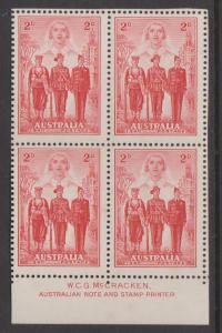 Australia Sc#185 MNH / MH on 1 stamp Imprint Block of 4 - a few tone spots