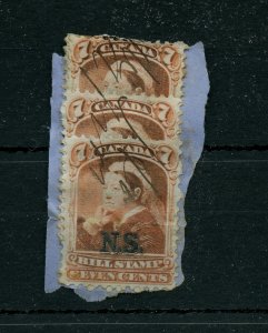 Nova Scotia NS overprint NSB8 - 7c orange x 3, Cat $210 on piece Canada used