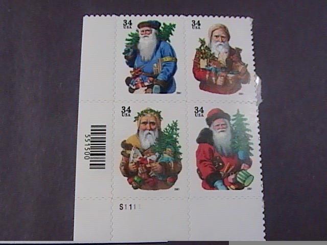 U.S.# 3537-3540(3540b)-MINT/NH--LL PLATE # BLOCK  OF 4------CHRISTMAS-----2001