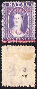 Natal SG114 1d on 6d long tailed P and SMALL L in halfpenny M/M