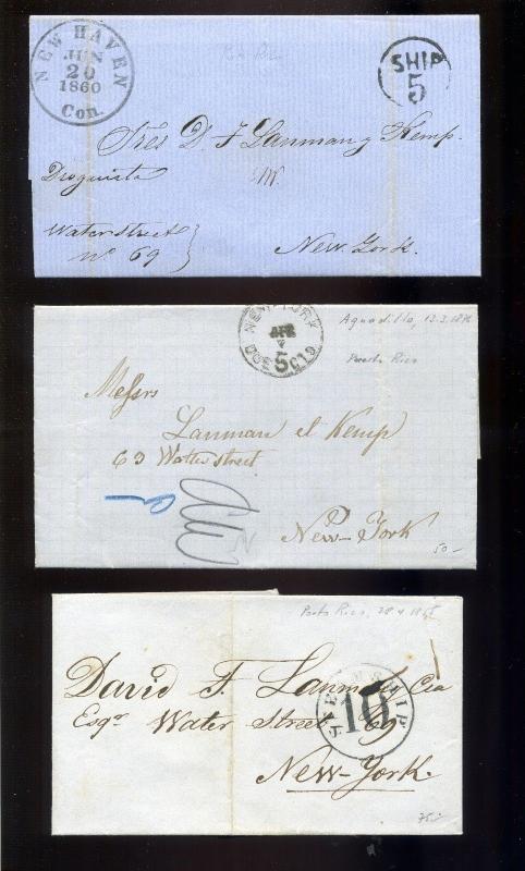 7  Stampless Covers Puerto Rico to New York, all 19th Century w/ Better Markings