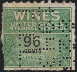 RE145 96¢ Wine Revenue Stamp (1942) Perfin/Fault