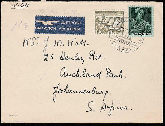 SWITZERLAND 1955 cover United Nations, Geneva cds to Sth Africa............46727