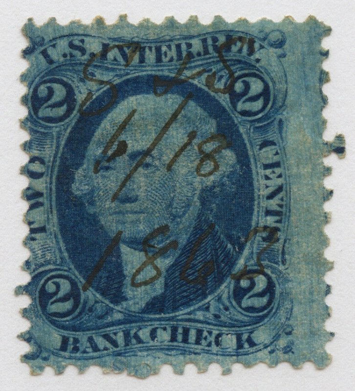 B62 U.S. Revenue Scott R5c 2-cent Bank Check manuscript cxl dark blue plate wash