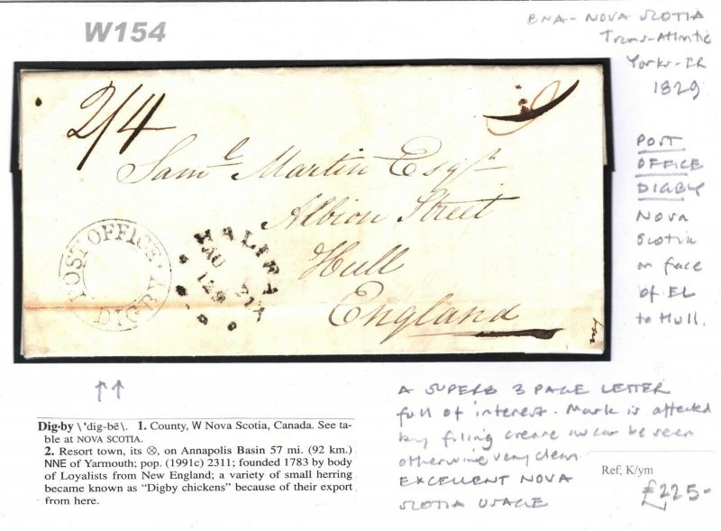 Canada NOVA SCOTIA Cover 1829 *Digby Post Office* UDC Transatlantic Letter W154