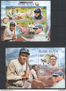 2013 Central Africa Sport Baseball Legend Tribute To Babe Ruth Kb+Bl ** Ca690