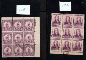 US #718 3¢  1932 OIympics,#726 MNH - General Oglethorpe PB's 9⭐⭐⭐⭐⭐