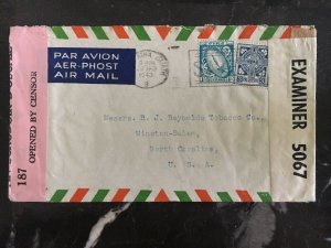 1943 Dublin Ireland Dual Censored Cover To Reynolds Tobacco Co Salem NC Usa