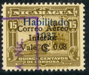 NICARAGUA 1937 8c on 15c Bister Brown Surcharged Airmail Sc C181 VFU