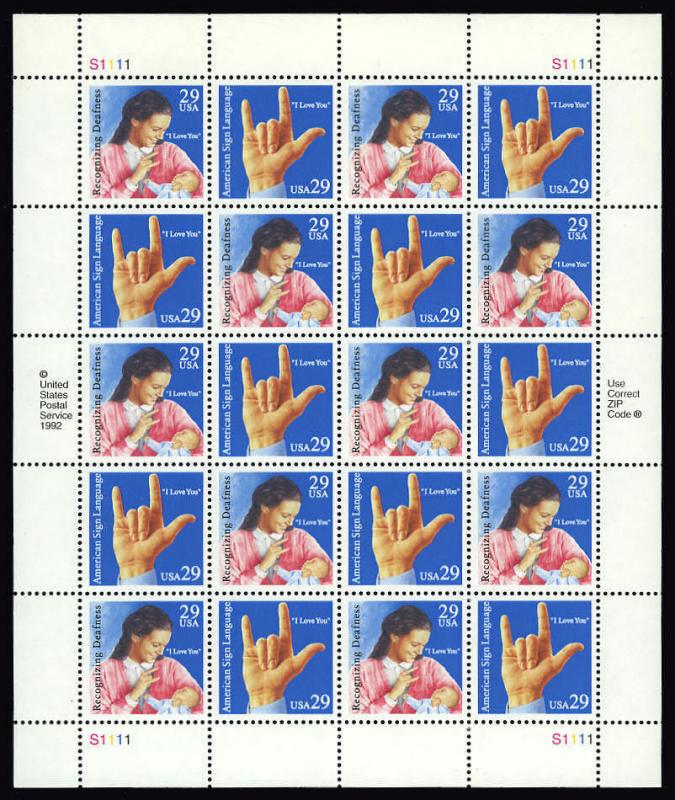 1993 29c Deaf Communication, Sheet of 20 Scott 2783-84 Mint F/VF NH