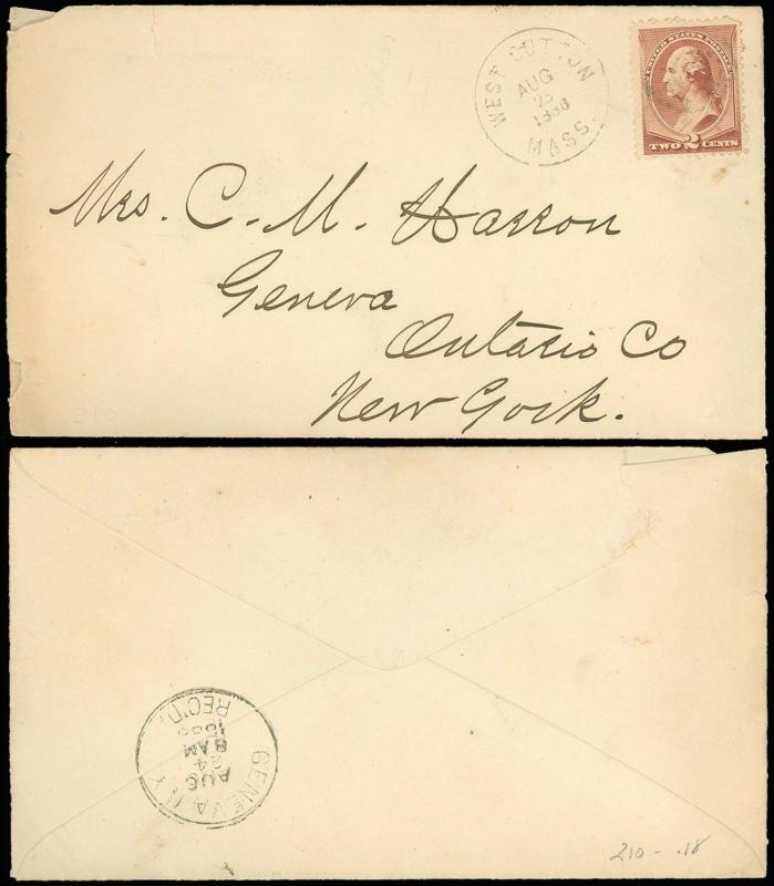 1886, WEST SUTTON MASS Cds (DPO-5), Cover to Mrs C M Harron, Geneva NY, SC #210