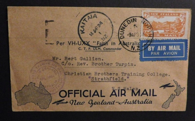 1934 New Zealand Airmail Cover Dunedin North to Strathfield NSW Australia