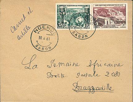 French Equatorial Africa 5F and 10F FIDES 1961 Ndende, Gabon Airmail to Brazz...