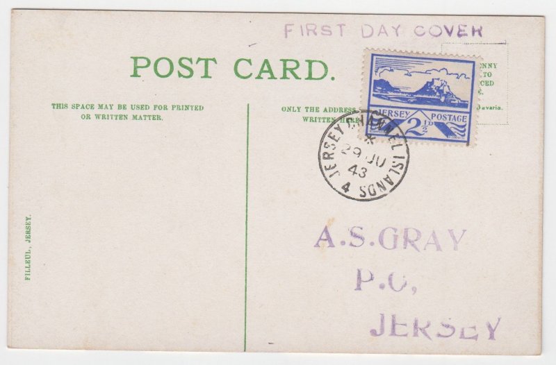 1943 Jersey 2½d  Blampied View,  on clean picture postcard FDC