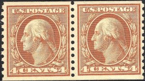 #495 XF MNH OG-4¢ Washington-COIL PAIR-Very Nice GEM QUALITY (REM #495pr-4)