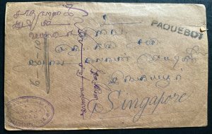 1910 Penang Malaya Paqueboat Cover To Singapore Back Postage