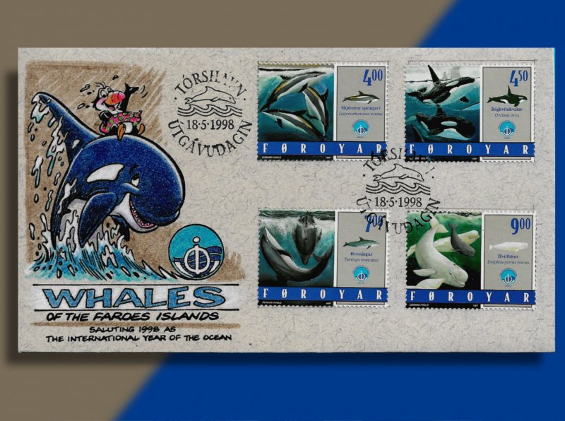 Four Species of Whales Cavort on Faroes Handcolored FDC for Int'l Year of Oceans