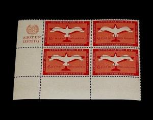 U.N. 1951, NEW YORK #C1, AIRMAIL ISSUE, MNH, INSC. BLK/4, NICE! LQQK!