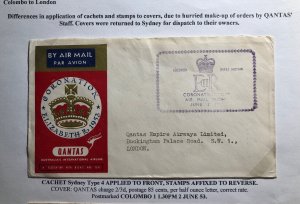 1953 Colombo Ceylon Qantas Cover FDC Coronation Flight Queen Elizabeth II C