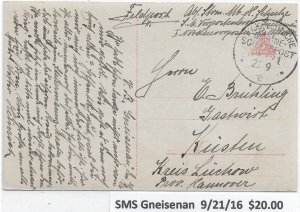WW1: German Marine Schiffspost: SMS Gneisenan 9/21/1916 (M6467)