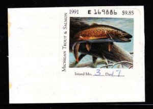 MICHIGAN  1991  $9.85 Trout/Salmon Stamp on Fishing License