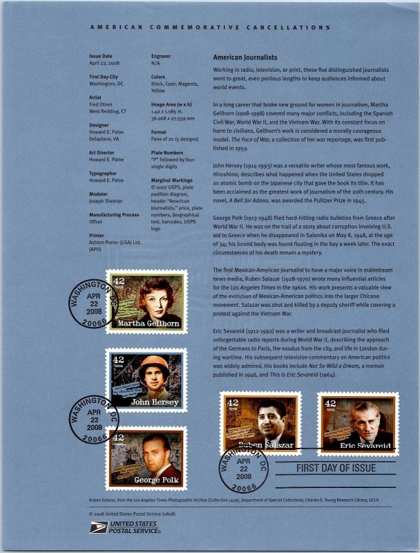 USPS SOUVENIR PAGE FAMOUS AMERICAN JOURNALISTS SET OF (5) STAMPS 2008