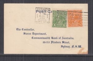 AUSTRALIA, 1934 CBA Stores Acknowledgment of Order Card, KGV 1/2d. & 1d., Sydney