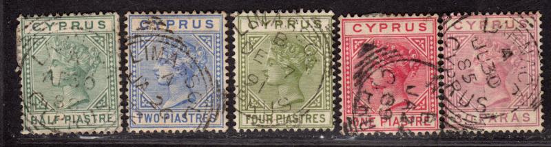 $Cyprus Sc#19a-23a used, F-VF, partial set, HR, DIE A, Cv. $54.75