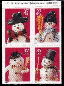 US 3684-3687, MNH Block of 4, Plate #, From Booklet - Christmas 2002