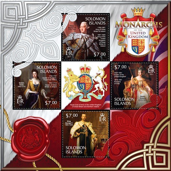 SOLOMON IS.- 2013 - Monarchs of the UK - Perf 4v Sheet - Mint Never Hinged