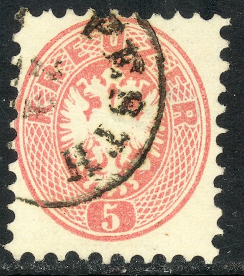AUSTRIA USED IN HUNGARY 1863 5kr P. 9 1/2 ARMS Issue Sc 24 VFU PESTH Postmark