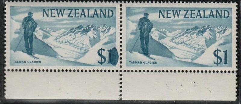 NEW ZEALAND 1967 $1 Glacier - LARGE INK BLOB on value - MNH in pair........59583