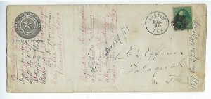 3cent WASHINGTON ON COVER TEXAS DEPT OF STATE DEC 15 1879 FANCY CANCEL Q44