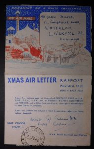 1945 Ceylon RAFPOST Xmas Air Letter Cover To Liverpool England