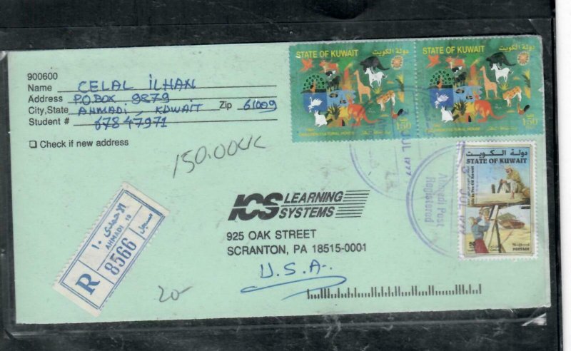 KUWAIT COVER (PP2812B)  1999 3 STAMPS ON REG COVER AHMADI TO USA