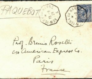 GB USED ABROAD 1929 KGV Cover *New York au Havre* Octagonal PAQUEBOT France Q21