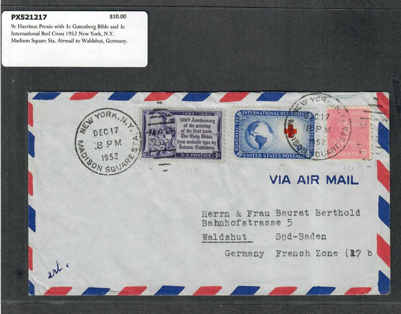 1952 Prexie Cover 9c Harrison New York NY Madison Square Sta. Airmail