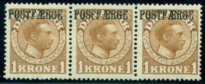 DENMARK #Q11a (PF10v) 1kr yellow brown, Strip of 3 w/POSFFAERE Error Moller cert