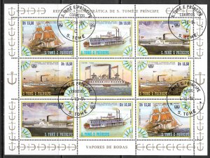 ST THOMAS AND PRINCE ISLANDS 1984 15.50d River Boats x2+ Label Sheet Sc 756 Used