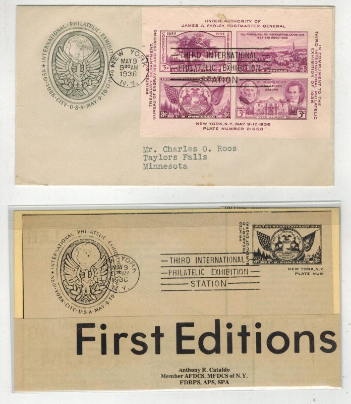 1936 TIPEX SOUVENIR SHEET FDC 778-32 1ST FARNAM CACHET WITH ARTICLE CV $400