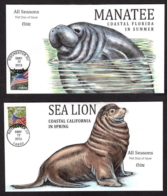 Collins FDC SC#4778-4781 Set, hand painted cachets, All Seasons, Sea Animals