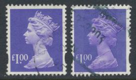 Great Britain SG Y1743 SC# MH279 Machin £1 Used x2  Bluish Violet see phosph...