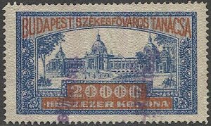 HUNGARY 1925 Budapest Municipal Revenue, Bft #107 Used XF 20,000k