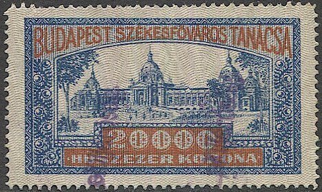 HUNGARY 1925 Budapest Municipal Revenue, Bft #107 Used XF 20,000k