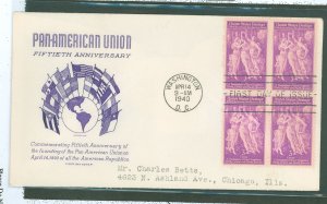 US 895 1940 3c pan-american union, block of 4 on an addressed first day cover with a grimsland cachet