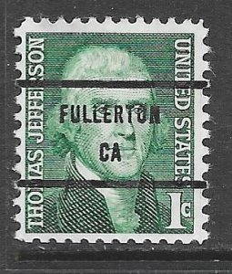 USA 1278: 1c Thomas Jefferson, Fullerton precancel, used, AVG