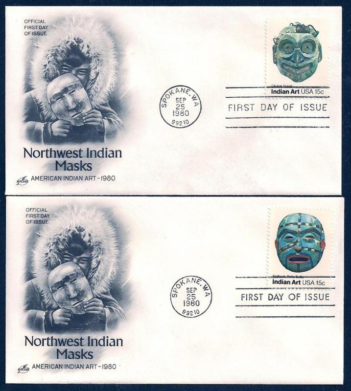 UNITED STATES FDCs (4) 15¢ Indian Masks 1980 ArtCraft