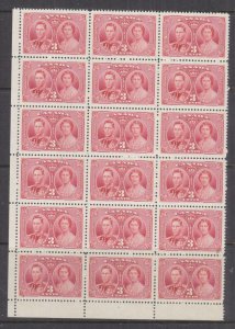 CANADA, 1937 Coronation, 3c. Carmine, corner block of 18, mnh.