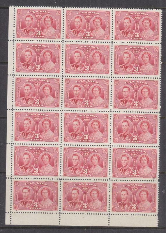 CANADA, 1937 Coronation, 3c. Carmine, corner block of 18, mnh.